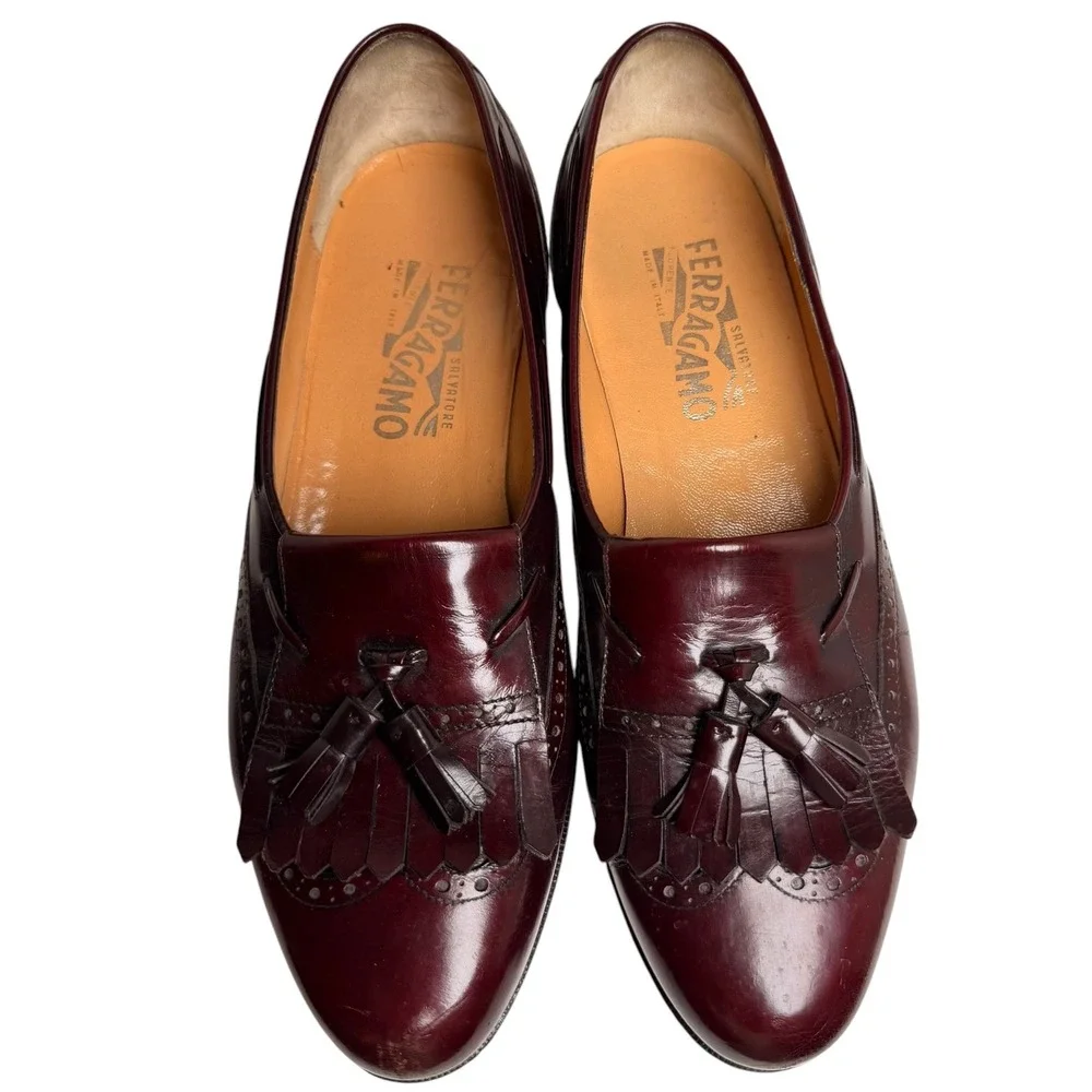 Vintage Ferragamo Kiltie Tassel Loafers Burgundy 8D